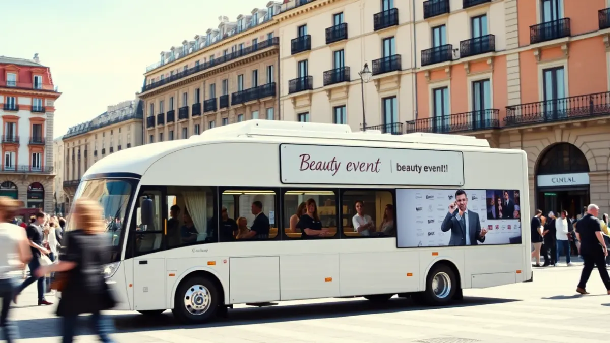 Imagen de un autobús pop-up de belleza en una plaza urbana de Madrid.