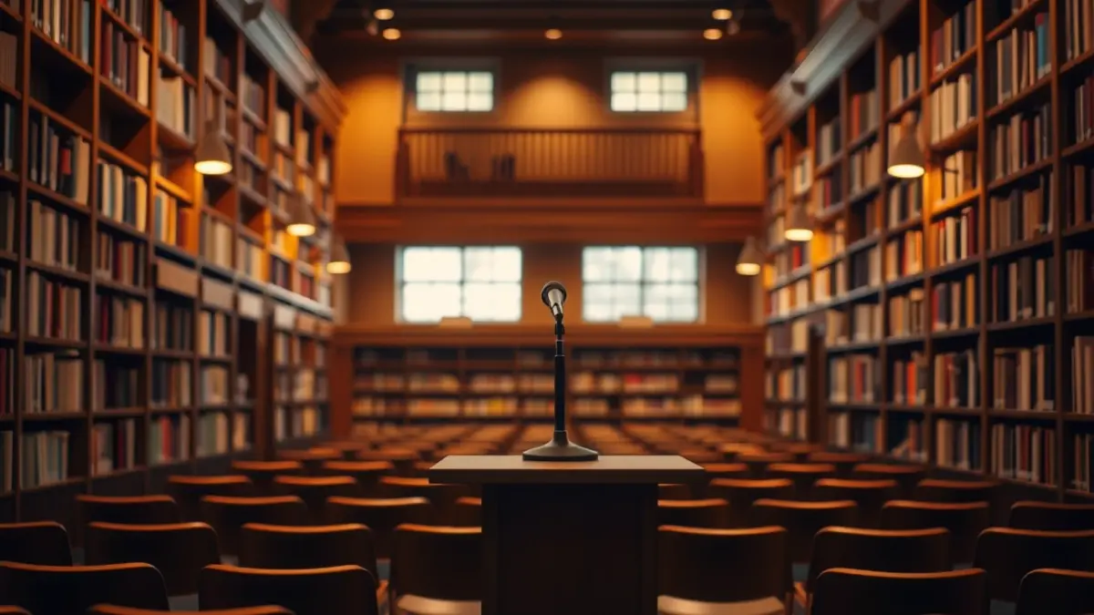 Generic image of a library with a stage for cultural events.