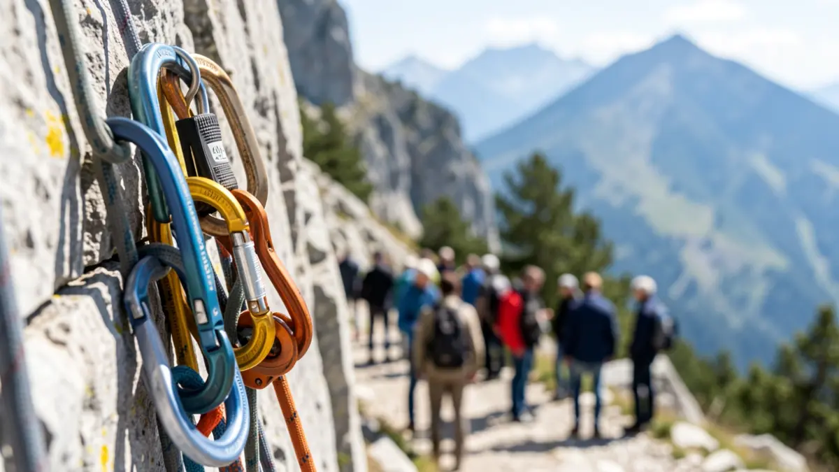 Equipo de escalada colgado en una pared rocosa con paisaje de montaña al fondo.
