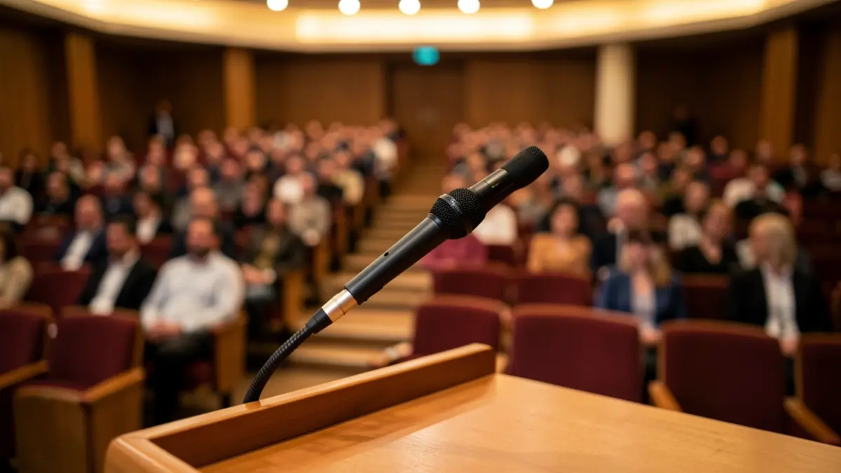 Generic image of a microphone on an empty podium.