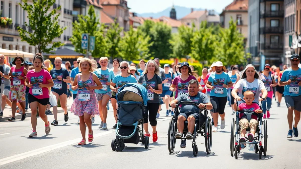 Image of an inclusive race with families and people with disabilities in an urban setting.