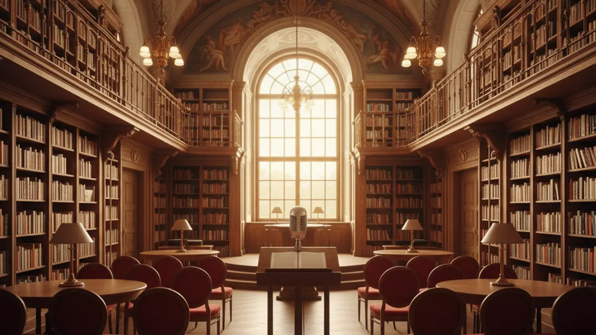 Imagen genérica de un interior de biblioteca o sala de lectura con un podio y sillas.