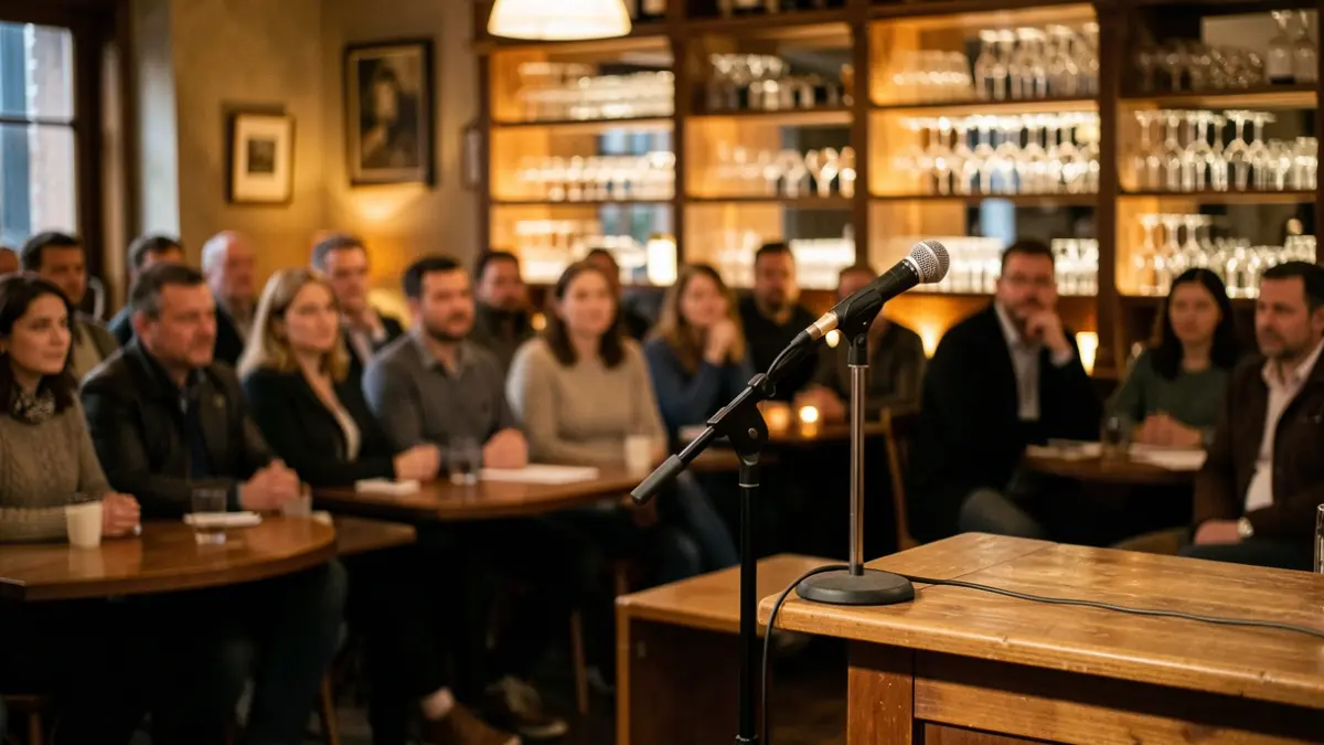 Generic image of a bar setting prepared for a public talk.