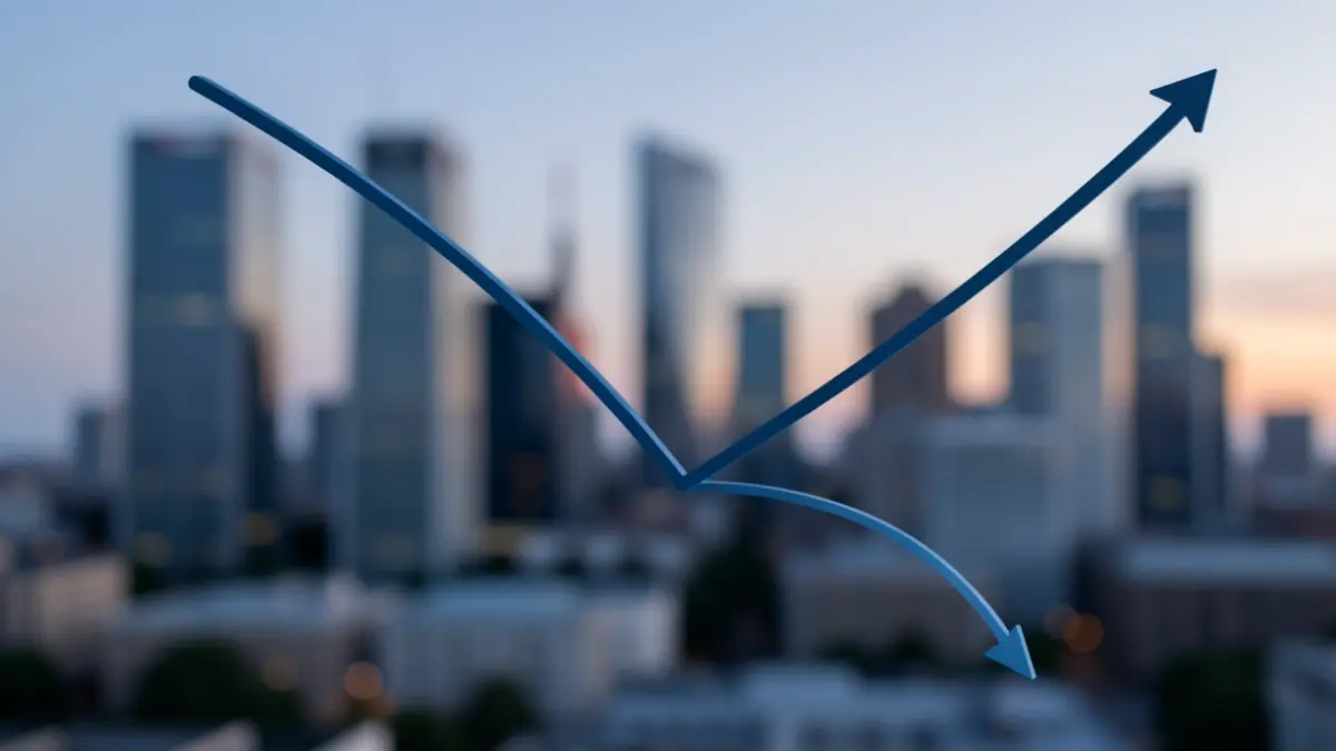 Graph showing a downward trend with a slight upward curve at the end, set against a blurred background of a modern city skyline at dusk.