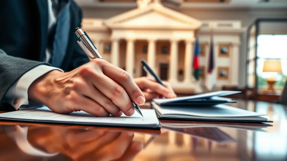 Imagen genérica de manos firmando documentos oficiales en una mesa de madera.