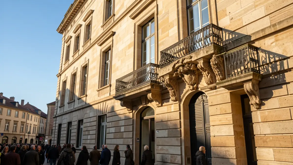 Fachada de un edificio administrativo con arquitectura tradicional bajo la luz del sol.