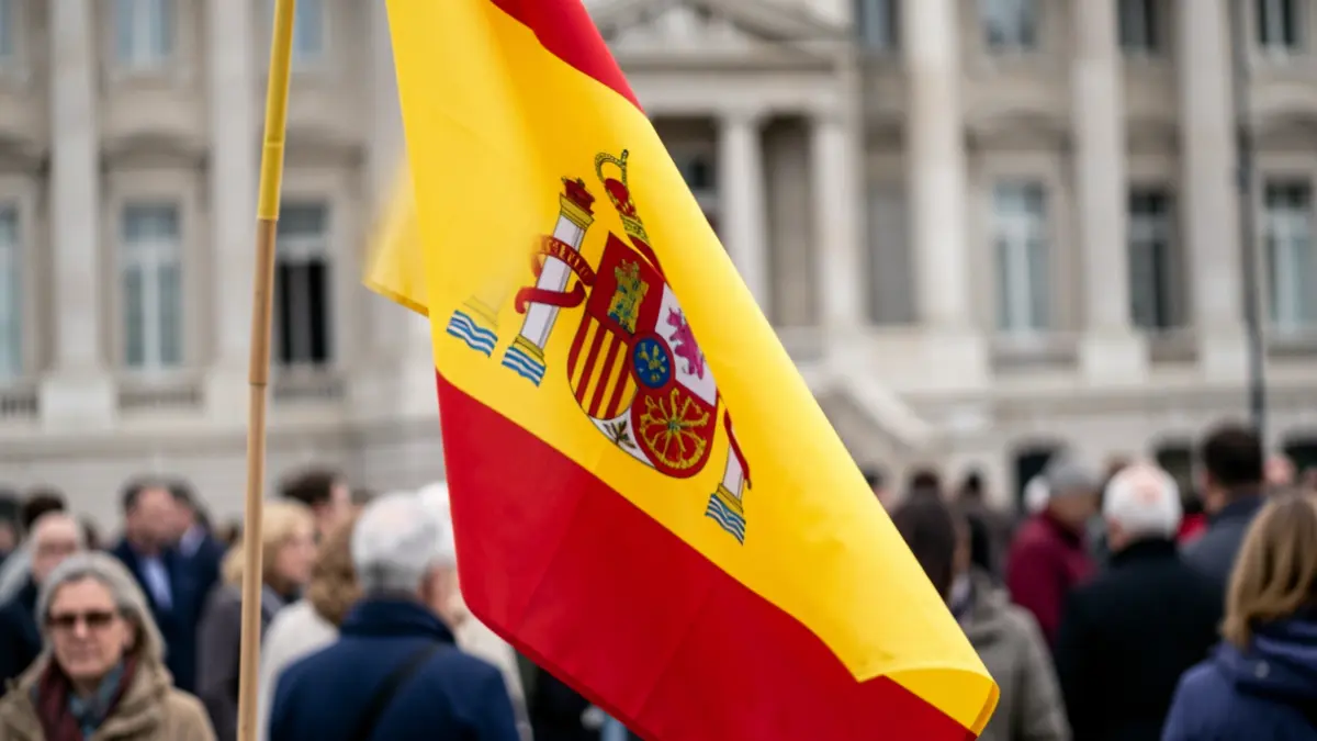 Generic image of a Spanish flag with a blurred government building.