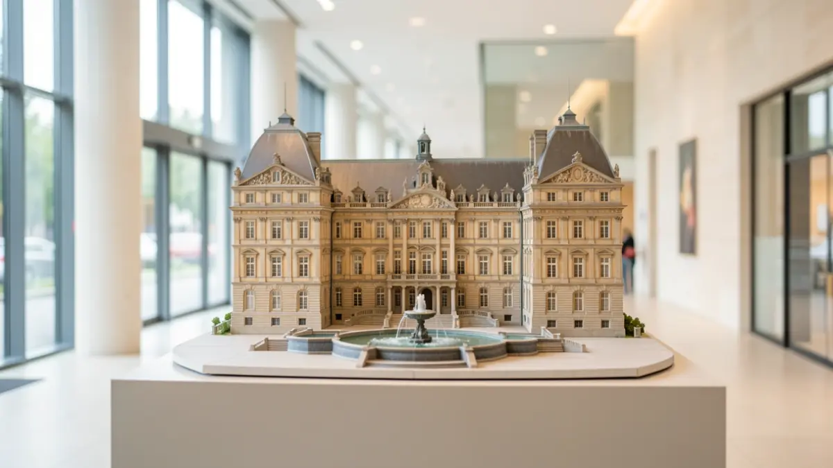 Model of the Infante Don Luis Palace and its fountain displayed in a public building.