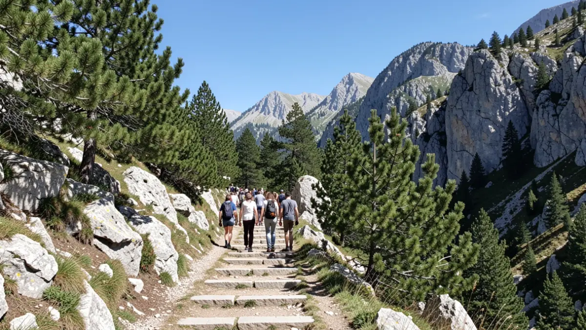 Mountain hiking trail in the Sierra de Guadarrama with vegetation and rocks.