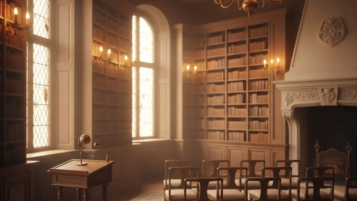 Imagen genérica de un interior de biblioteca con estanterías de madera y un podio con micrófono.