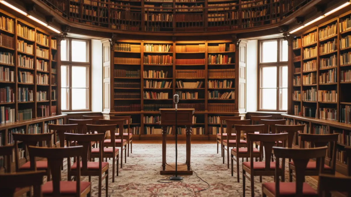 Generic image of a library interior with wooden bookshelves and a podium with a microphone.