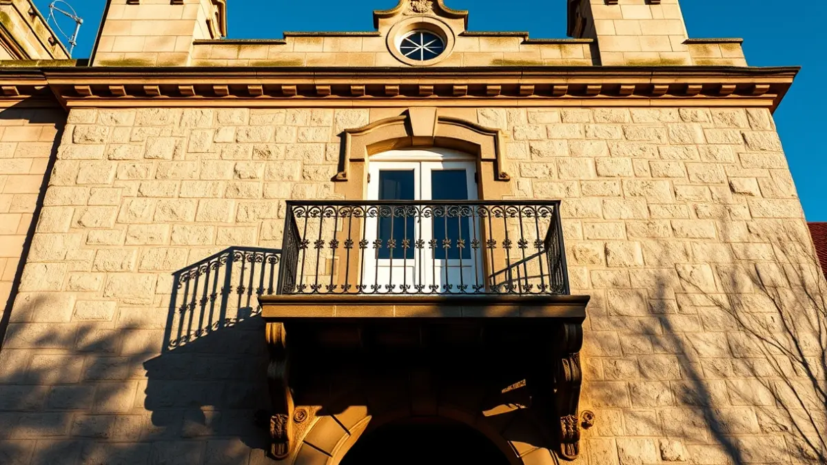 Facade of an institutional building with balconies and iron railings, under the afternoon sun.