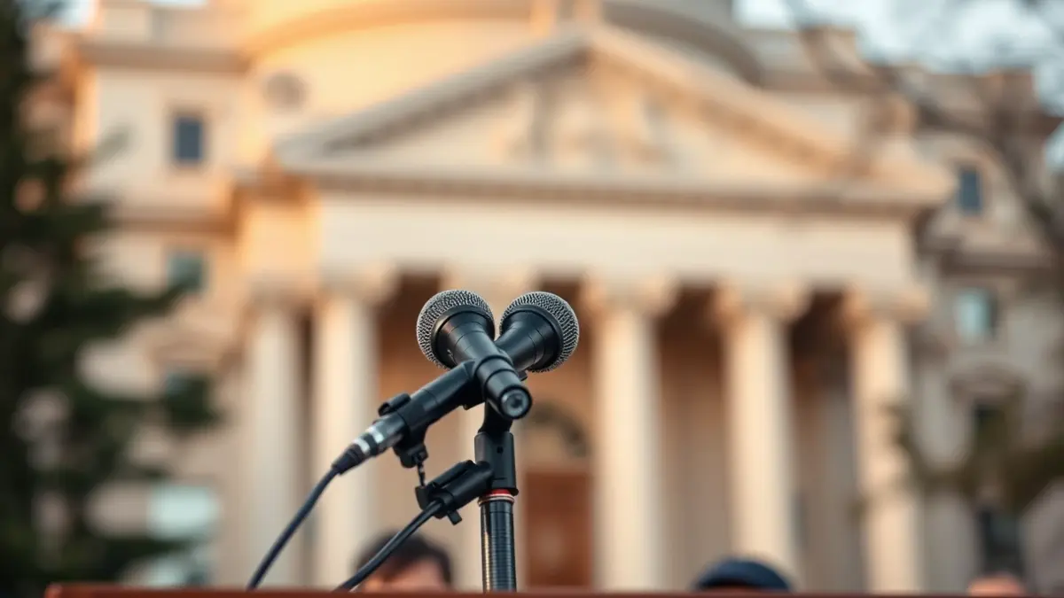Generic image of a microphone on a podium during a press conference, with a blurred government building in the background.