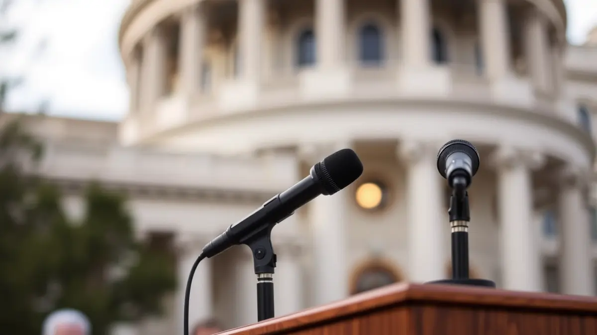 Generic image of a microphone on a podium, symbolizing a political statement or press conference.