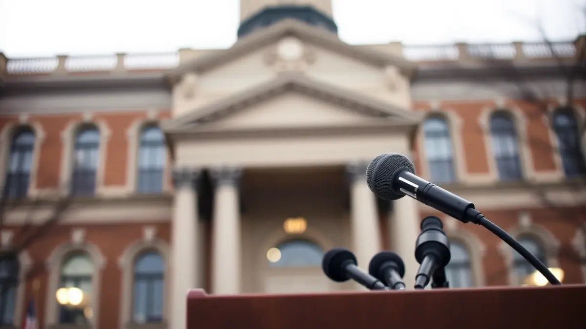Generic image of a microphone on a podium during a press conference, symbolizing political statements.