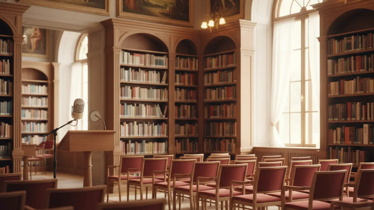 Imagen genérica de un interior de biblioteca o casa de poesía con estanterías y un podio.