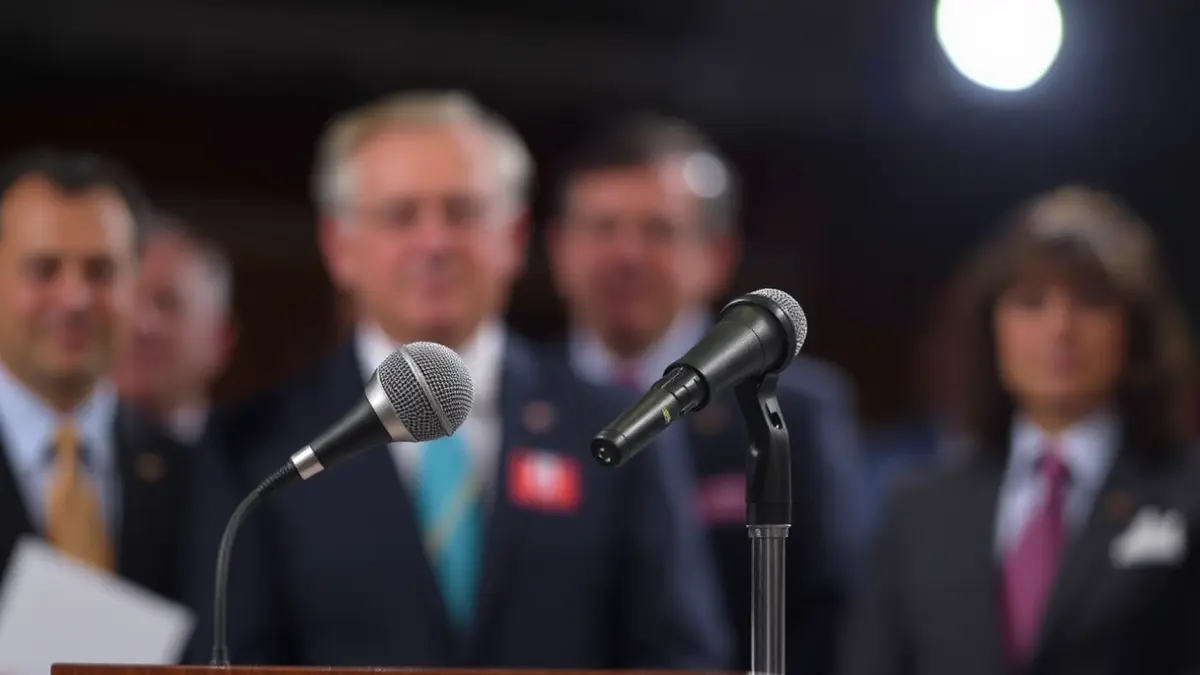 Generic image of a microphone on a podium, symbolizing political statements.