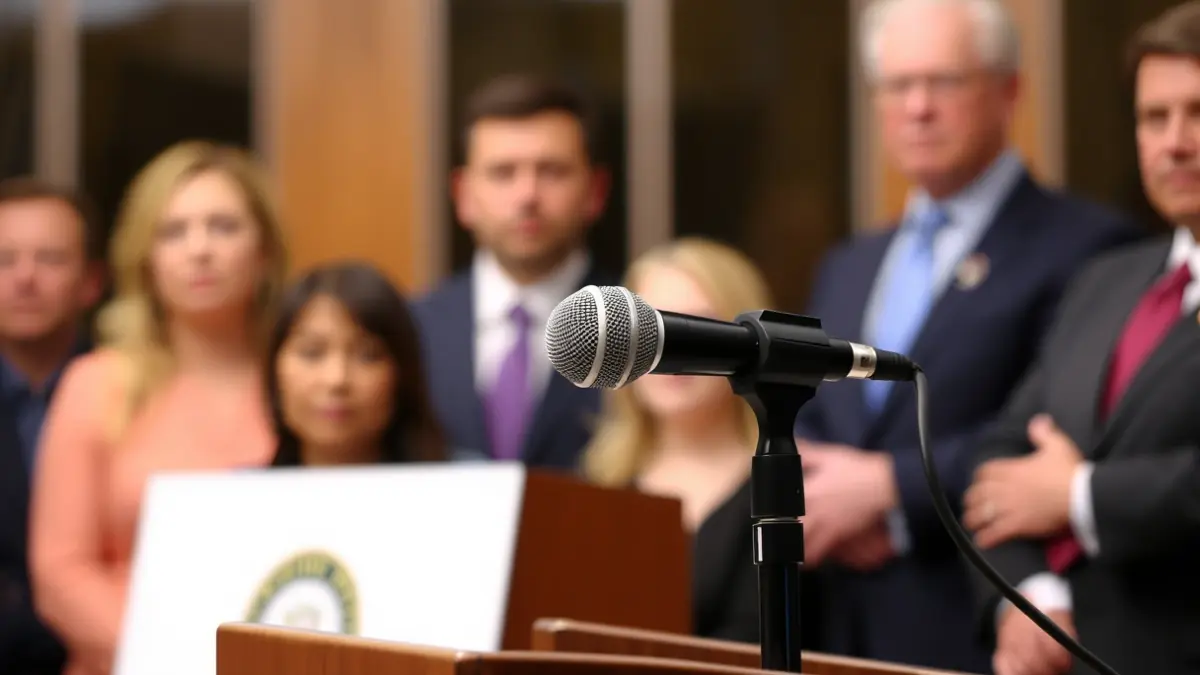 Generic image of a microphone on a podium during an official statement.