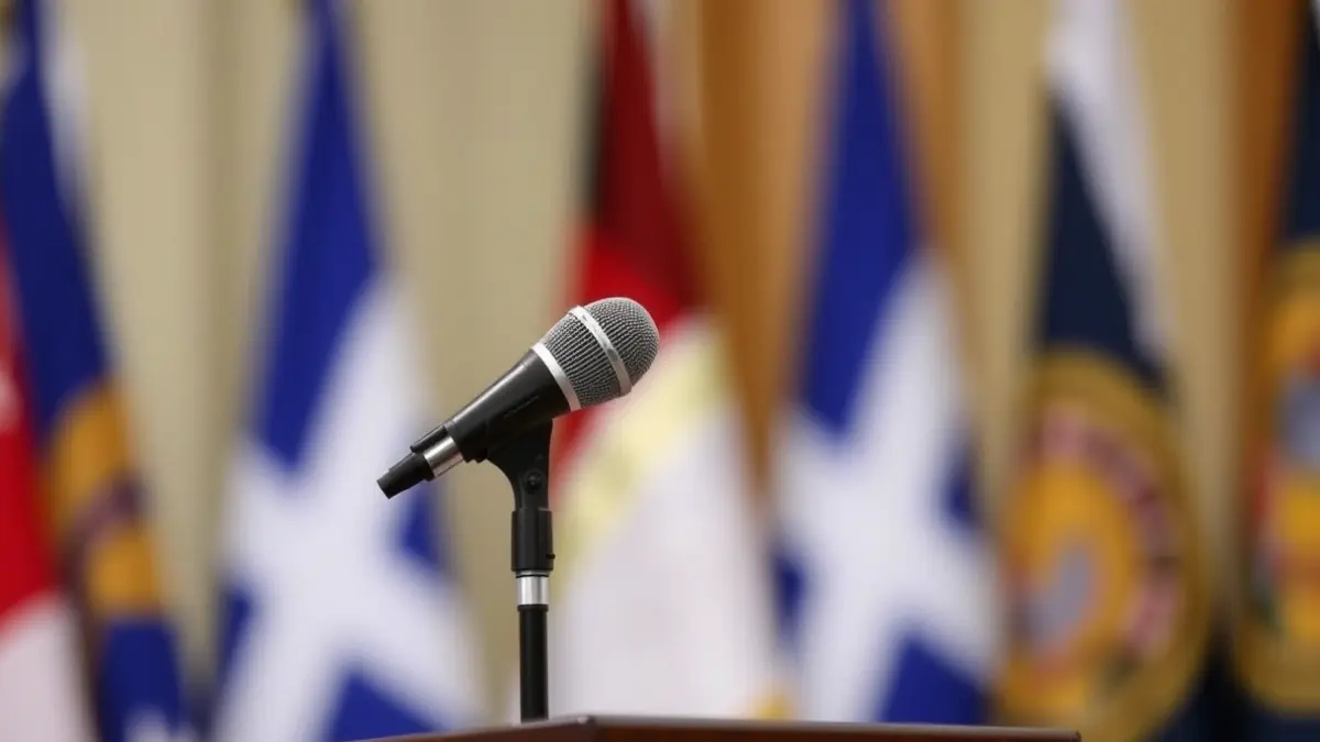 Generic image of a microphone on a podium, symbolizing a political speech or institutional event.