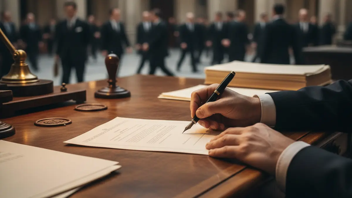 Imagen genérica de manos firmando un documento oficial, simbolizando acuerdos gubernamentales.