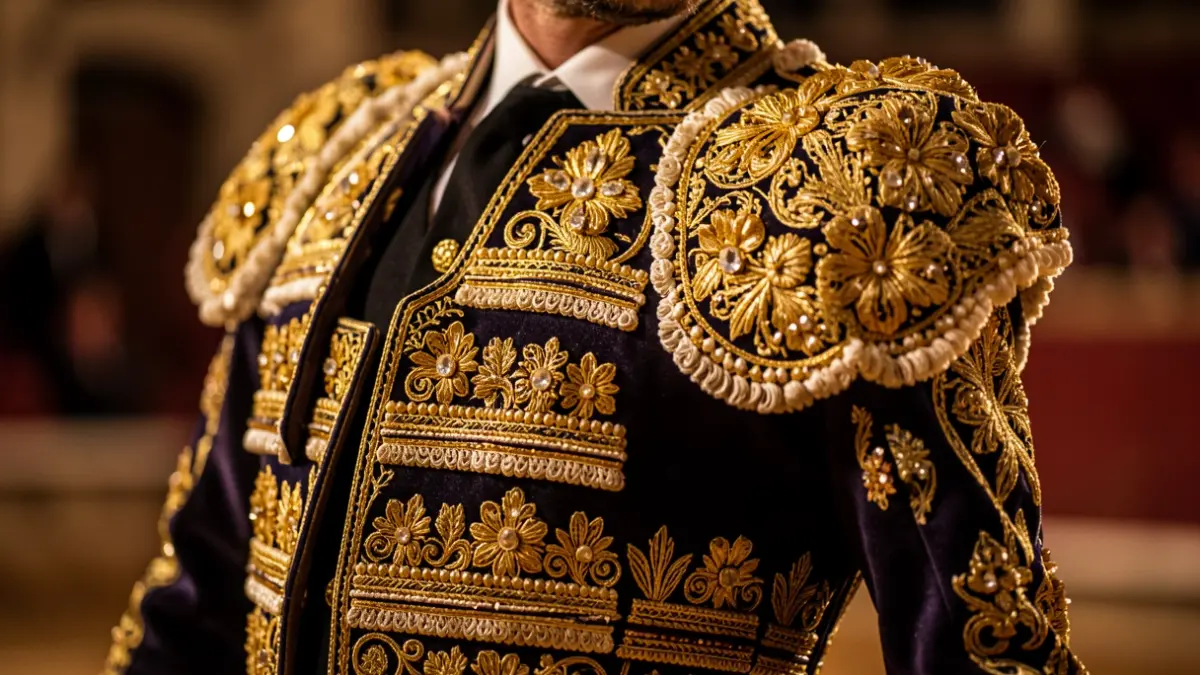 Detail of a bullfighter's suit of lights with golden embroidery.