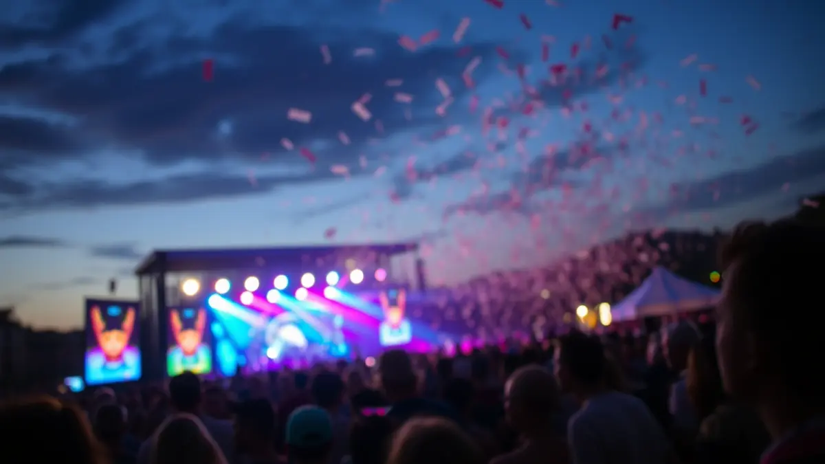 Imagen genérica de un festival de música al aire libre con luces y multitud borrosa.