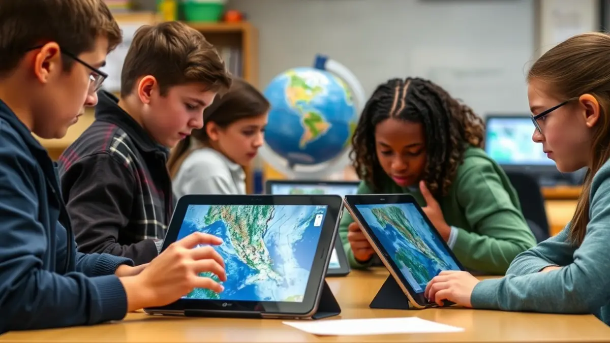 Imagen genérica de estudiantes utilizando tecnología para proyectos científicos.