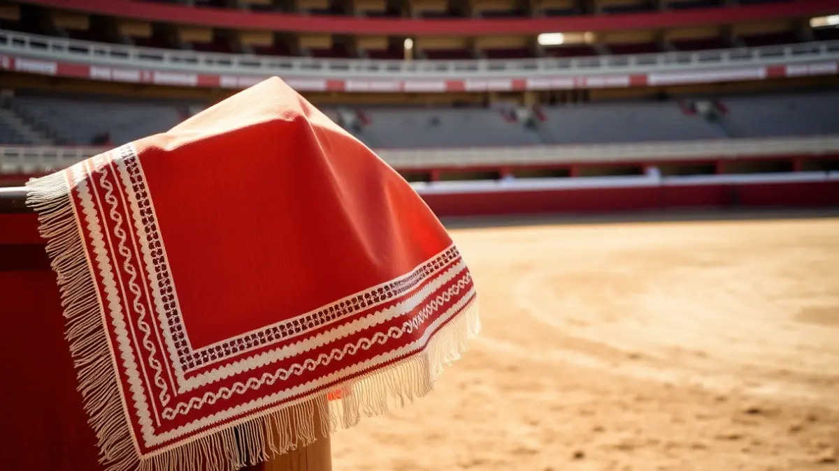 Imagen de un capote de torero en una plaza de toros, simbolizando la tauromaquia.
