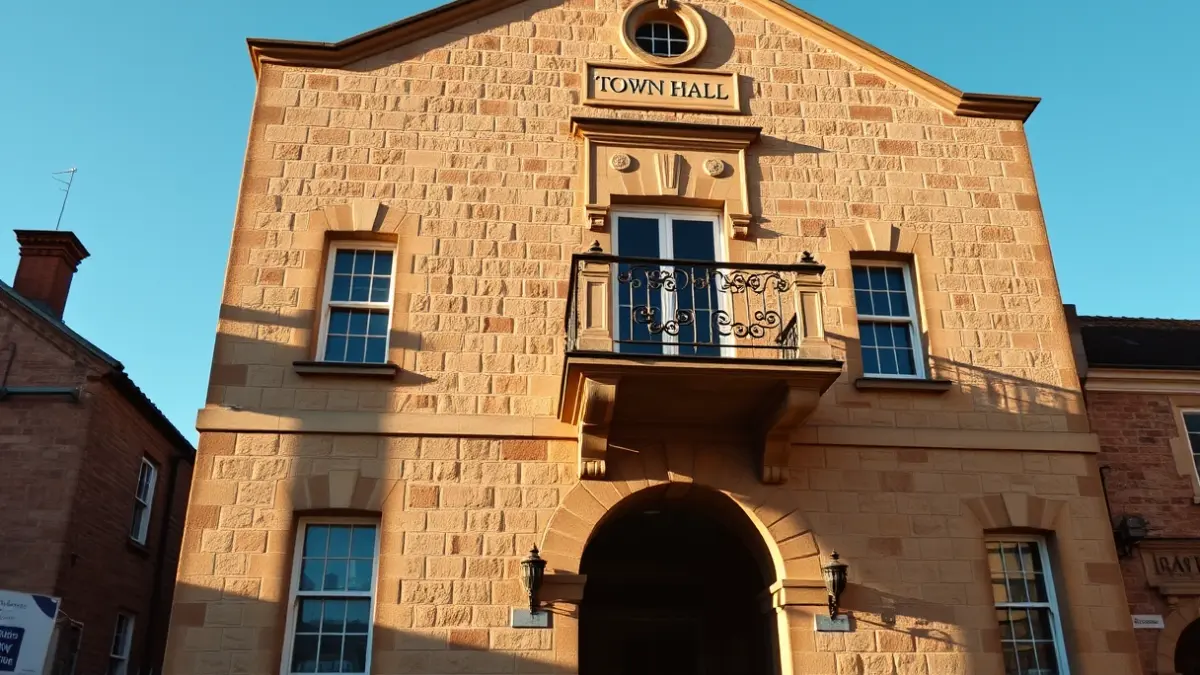 Imagen de la fachada de un ayuntamiento tradicional con balcón y barandillas de hierro, bajo la luz del sol de la tarde.