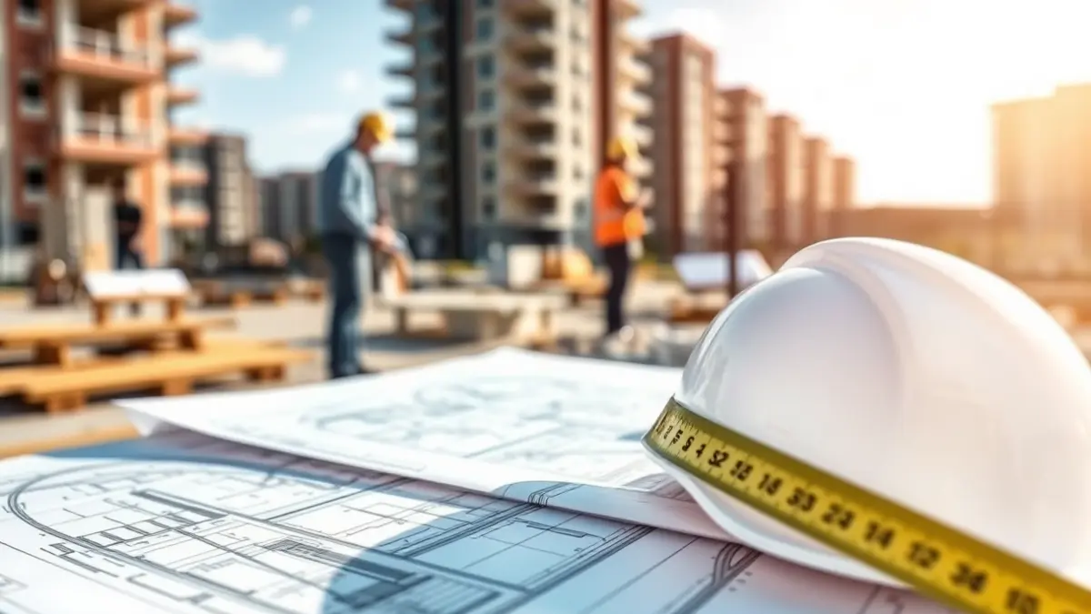 Generic image of a construction blueprint with a safety helmet, symbolizing housing projects.