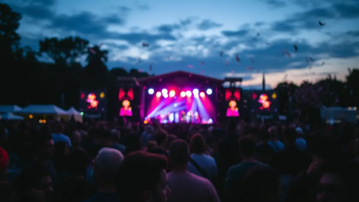 Imagen genérica de un festival de música al aire libre con luces y multitud borrosa.