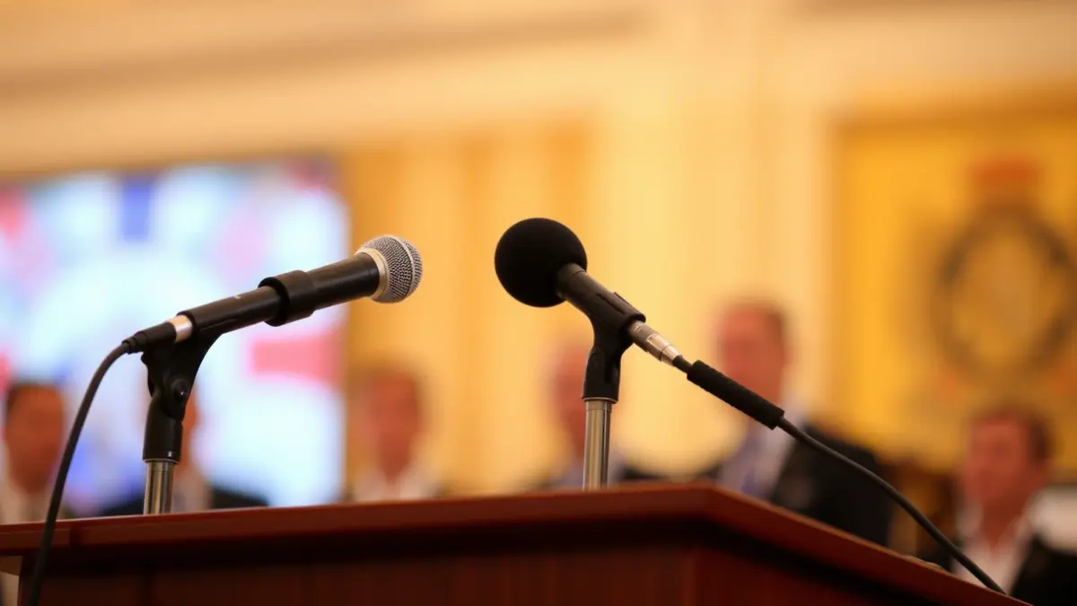 Generic image of a microphone on a podium during a press conference.