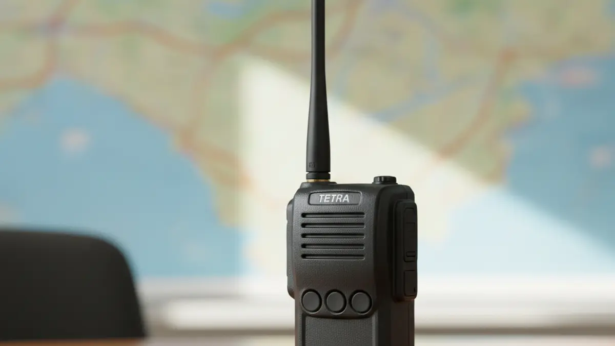 Image of a TETRA radio terminal on a desk, with a blurred map of the Comunidad de Madrid in the background.