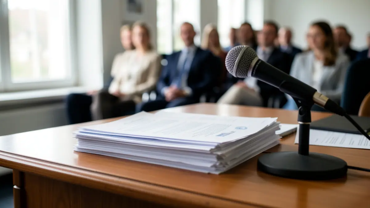 Generic image of a meeting table with official documents and a microphone.