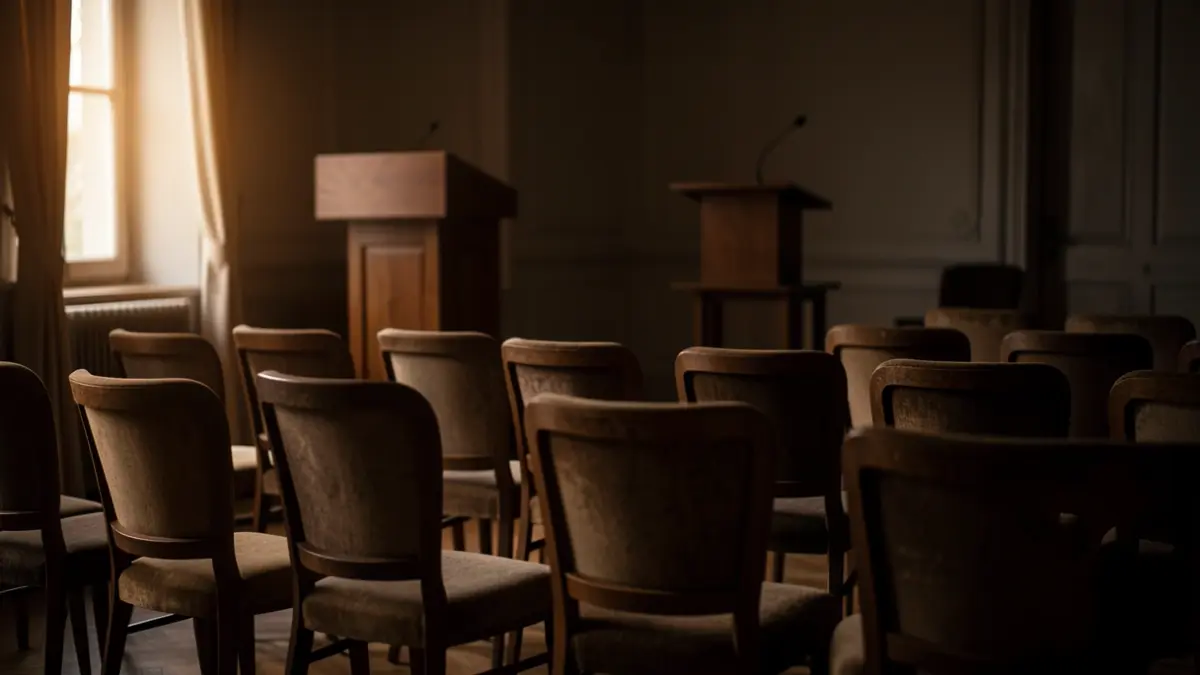 Imagen genérica de una sala de conferencias vacía con sillas y un atril.