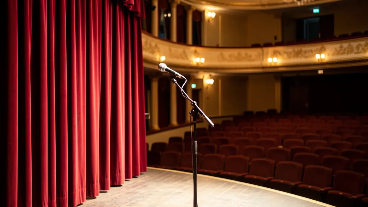 Generic image of a theater stage with curtains and warm lighting.