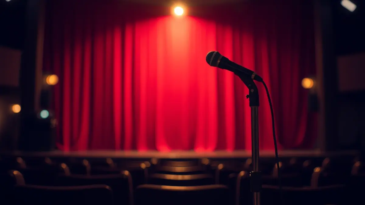 Generic image of a theater stage with a microphone and blurred curtains.