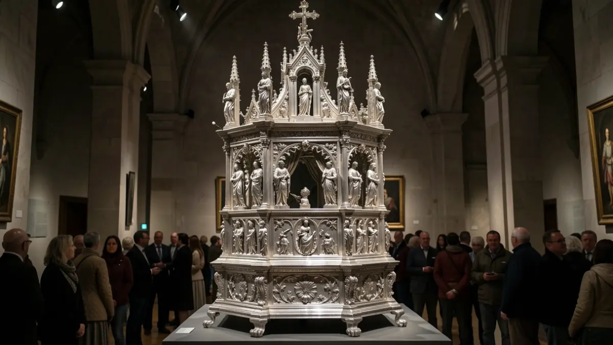Renaissance silver monstrance displayed in a museum chapel.