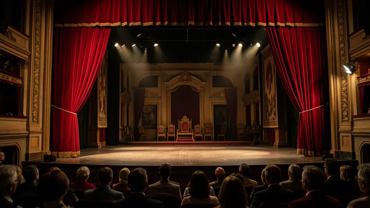 Escena de un teatro clásico español con telón rojo y escenario iluminado.