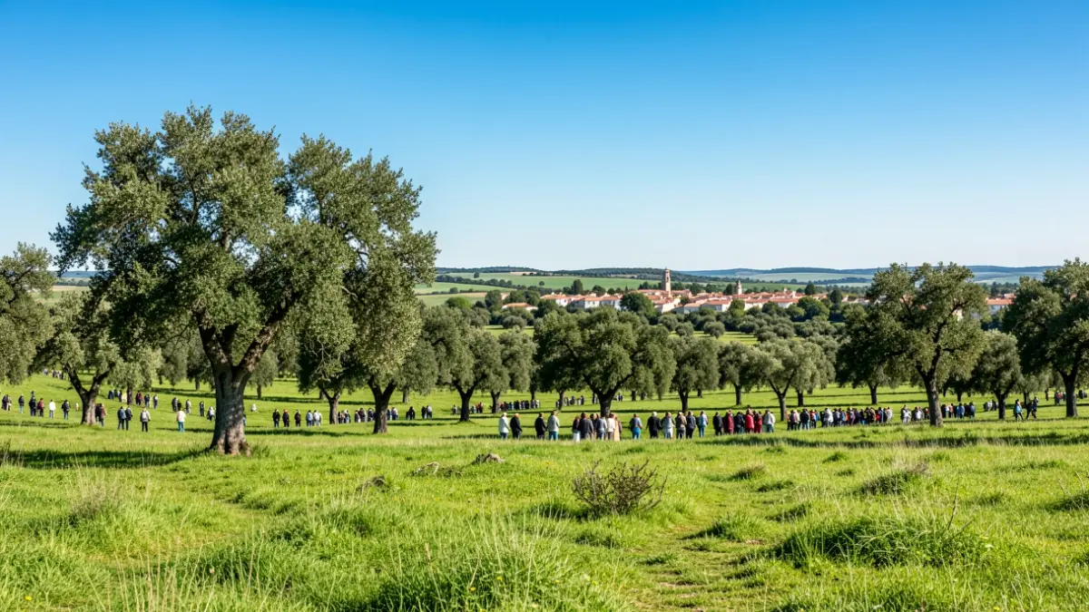Imagen genérica de un paisaje de dehesa con árboles y cielo azul.