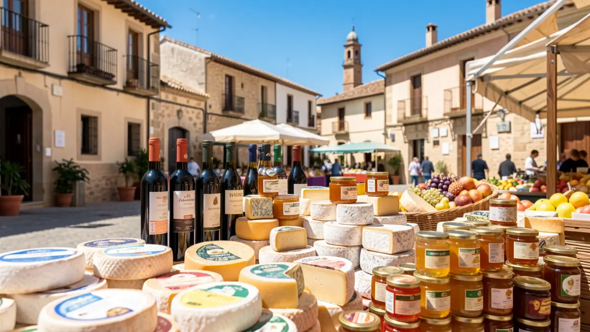 Outdoor market stall in a Spanish square with cheeses, wines, and honey.