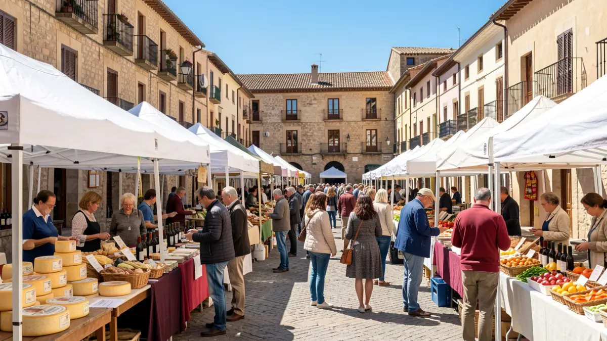 Outdoor gastronomic market in Alcalá de Henares' Plaza de Cervantes, featuring local product stalls and shoppers.