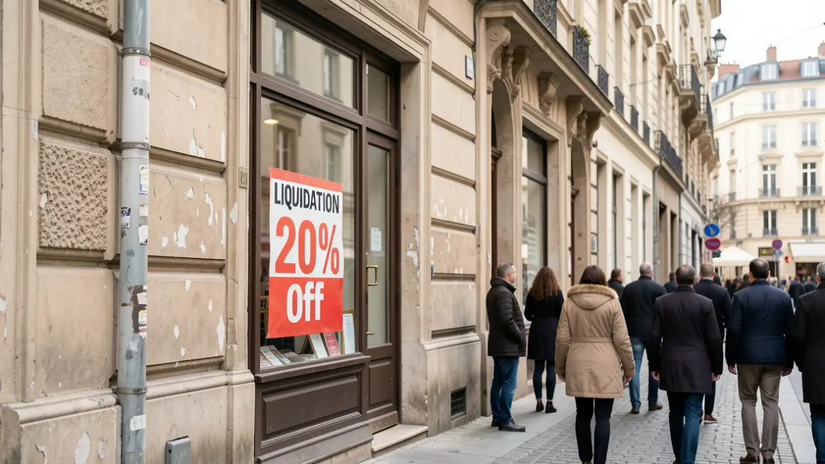 Fachada de una droguería cerrada con un cartel de liquidación del 20% de descuento.