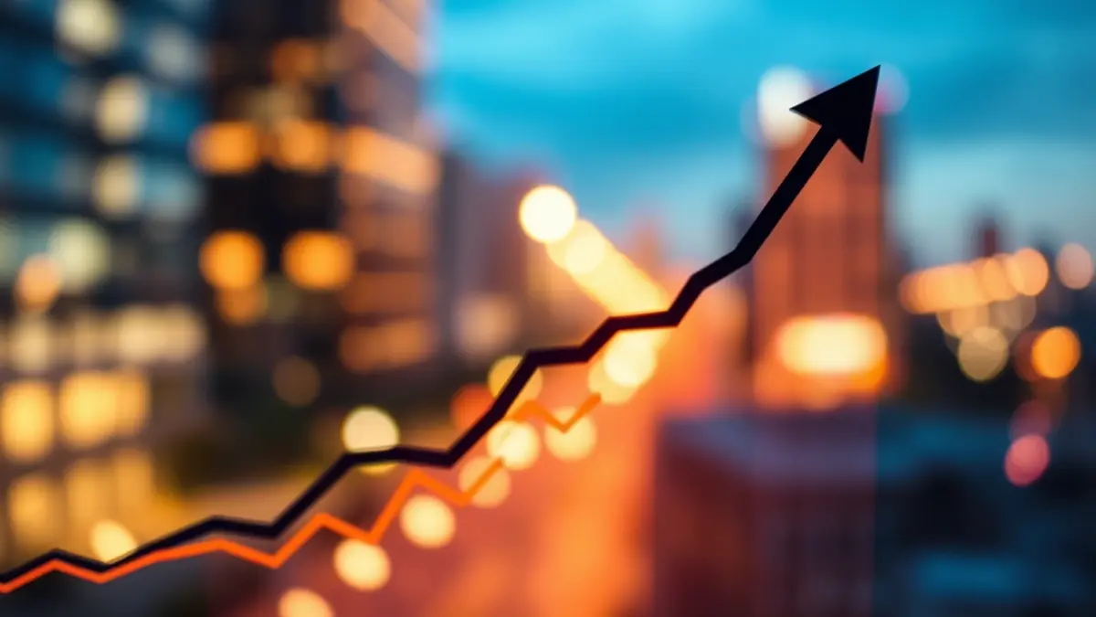 Generic image of upward-trending financial graphs and blurred city lights, symbolizing economic growth.