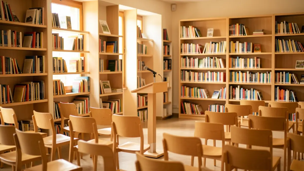 Interior de un centro educativo en Alcorcón con estanterías y un atril.
