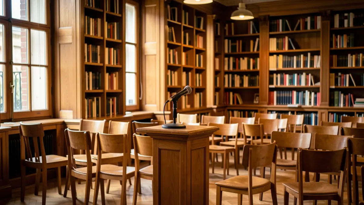 Generic image of a library event space with bookshelves and a microphone.