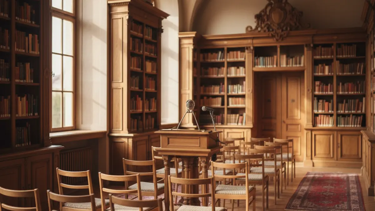 Imagen genérica de un interior de biblioteca con estanterías de madera y un podio con micrófono.