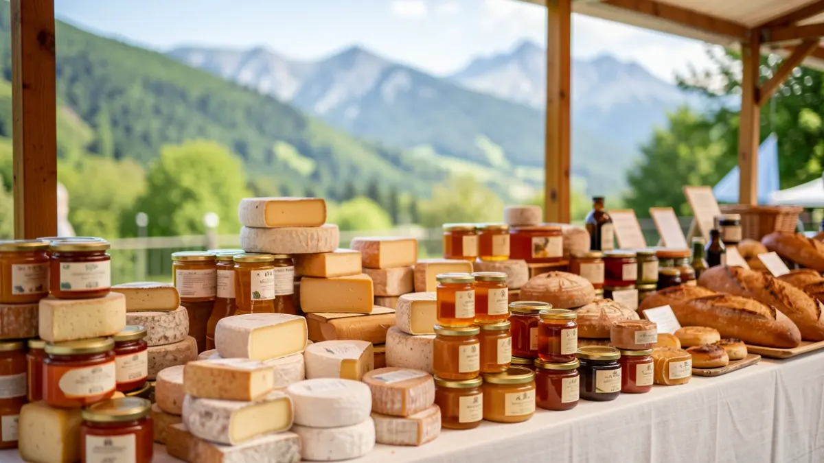 Puesto de mercado al aire libre con productos artesanales y montañas de fondo.