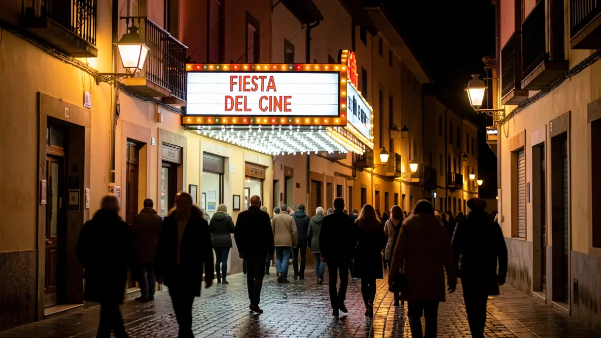 Generic image of the Fiesta del Cine in Alcorcon with neon lights and people entering.