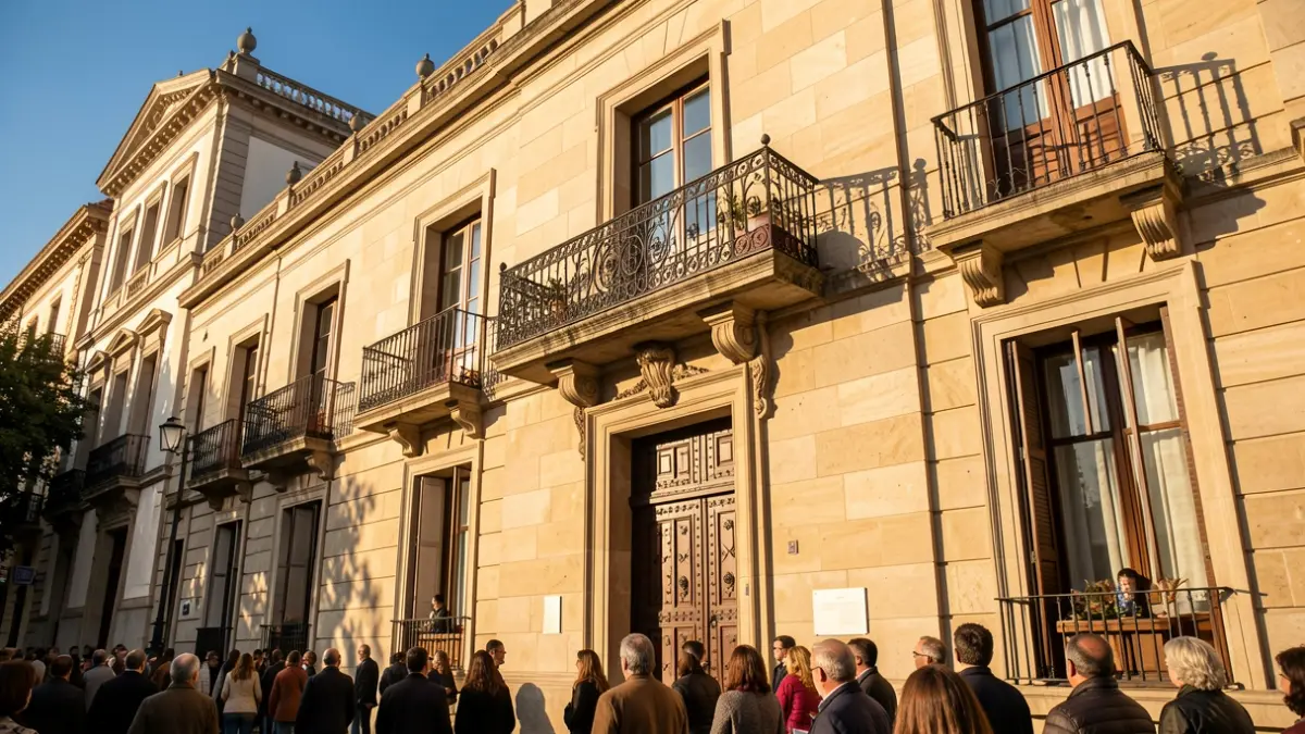 Fachada de un ayuntamiento de la Comunidad de Madrid con balcón y barandillas de hierro, luz solar de la tarde.